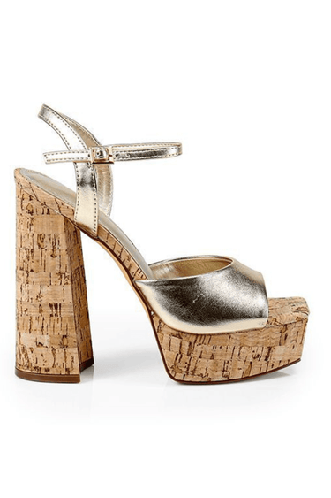 Gold platform wedges with cork heel and open toe