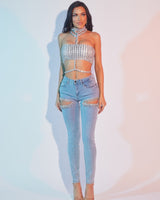 Rhianna Cut out Crystal Cascade - Light Blue Denim - Palazzo Couture Online