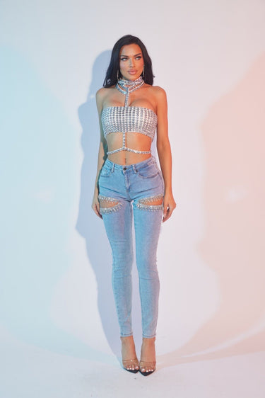 Rhianna Cut out Crystal Cascade - Light Blue Denim - Palazzo Couture Online