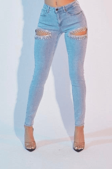 Rhianna Cut out Crystal Cascade - Light Blue Denim - Palazzo Couture Online
