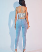 Rhianna Cut out Crystal Cascade - Light Blue Denim - Palazzo Couture Online