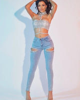 Rhianna Cut out Crystal Cascade  - Light Blue Denim close up of stylish fabric and construction detail