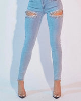 Rhianna Cut out Crystal Cascade  - Light Blue Denim front view showing jeans fit and silhouette
