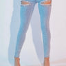 Rhianna Cut out Crystal Cascade  - Light Blue Denim front view showing jeans fit and silhouette