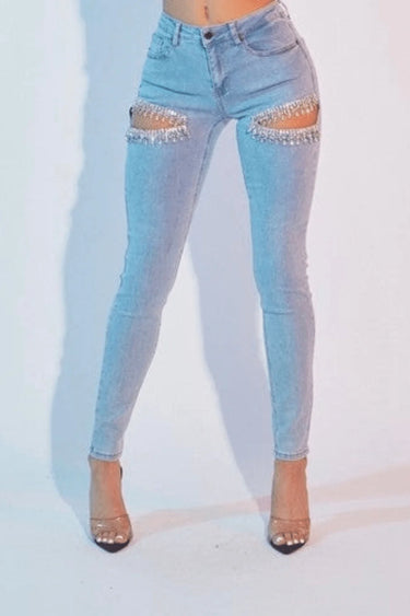 Rhianna Cut out Crystal Cascade  - Light Blue Denim front view showing jeans fit and silhouette
