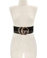 Rhinestone GO Buckle Elastic Belt (Black) - women's statement waist belt accessory