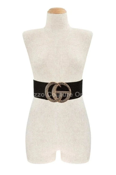 Rhinestone GO Buckle Elastic Belt (Black) - women's statement waist belt accessory