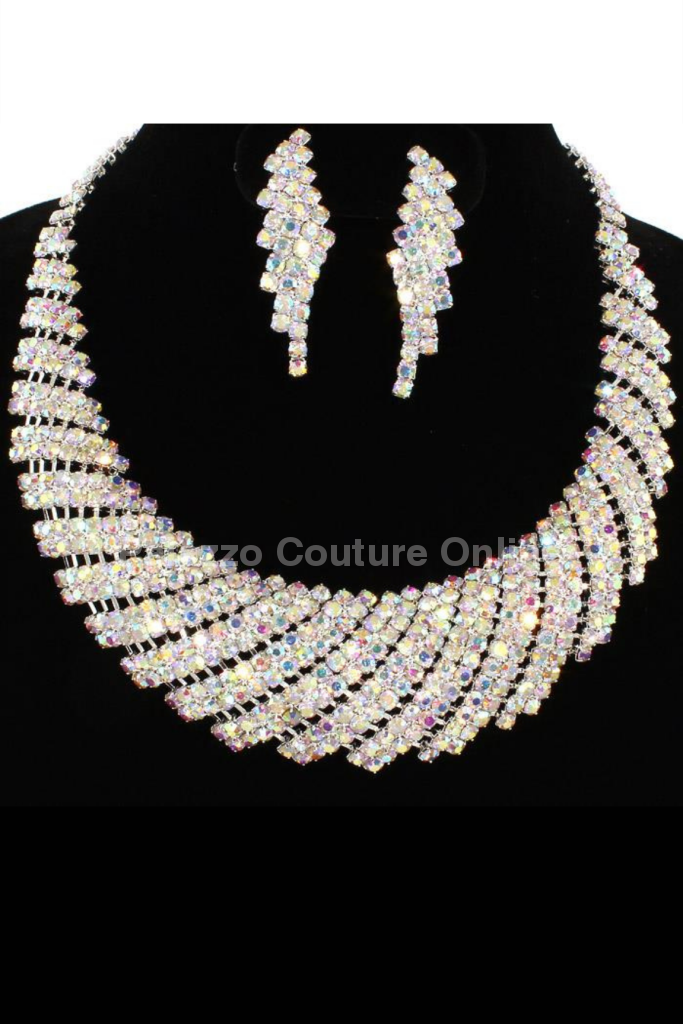 Rhinestone Design Bridal Lobster Claw Necklace Set One Size / Silver-Ab Necklaces