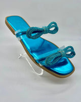 Rhinestone Double Bow Clear Strap Sandals (Turquoise) - elegant heels for going out and events