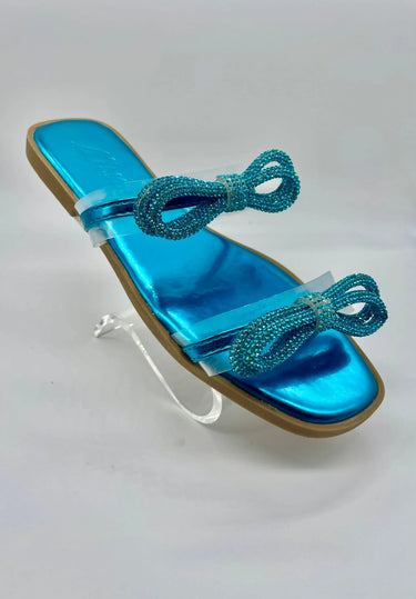 Rhinestone Double Bow Clear Strap Sandals (Turquoise) - elegant heels for going out and events