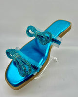 Rhinestone Double Bow Clear Strap Sandals (Turquoise) - women's statement party shoes