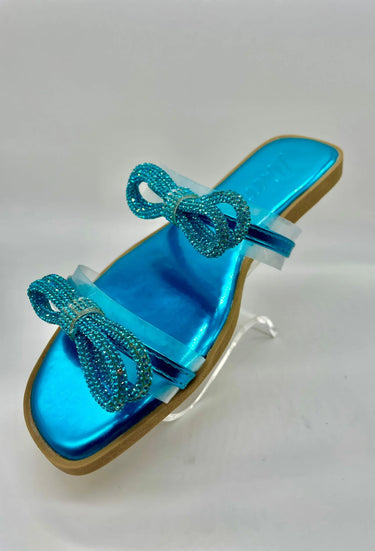 Rhinestone Double Bow Clear Strap Sandals (Turquoise) - women's statement party shoes