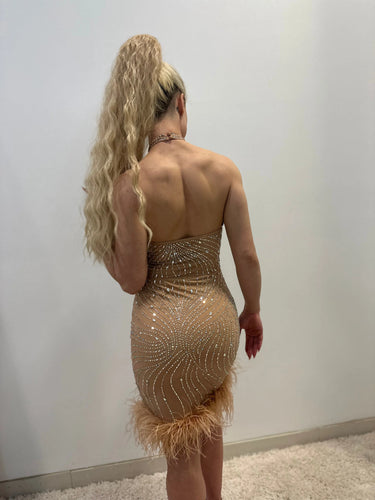Rhinestone Feather Hem Nude Mini Dress – Bodycon Glam full body look paired with heels and accessories