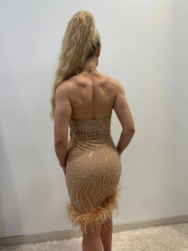 Rhinestone Feather Hem Nude Mini Dress – Bodycon Glam alternate angle showing design elements