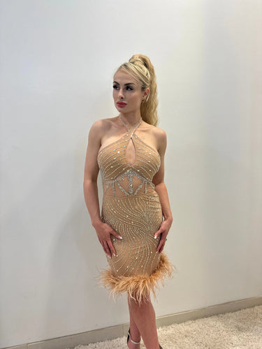 Rhinestone Feather Hem Nude Mini Dress – Bodycon Glam showing dress construction and fit details
