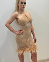 Rhinestone Feather Hem Nude Mini Dress – Bodycon Glam side view highlighting short hemline