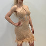 Rhinestone Feather Hem Nude Mini Dress – Bodycon Glam side view highlighting short hemline