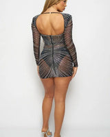Rhinestone Fishnet Mini Dress (Black) side view highlighting short hemline