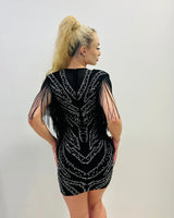 Rhinestone Fringe Sleeve Black Mini Dress – Bodycon Glam side view highlighting short hemline