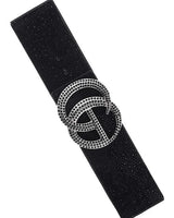 Black rhinestone GO buckle belt close-up showing crystal details and elastic band - Palazzo Couture