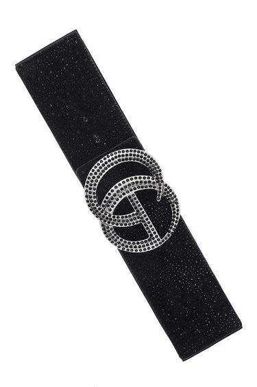 Black rhinestone GO buckle belt close-up showing crystal details and elastic band - Palazzo Couture