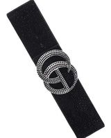 Rhinestone GO buckle elastic belt in black with crystal embellishments - women's statement waist belt front view