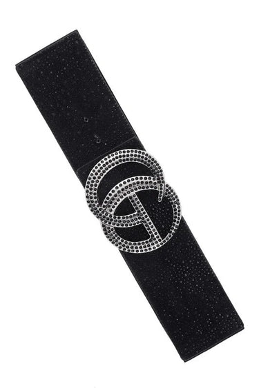 Rhinestone GO buckle elastic belt in black with crystal embellishments - women's statement waist belt front view