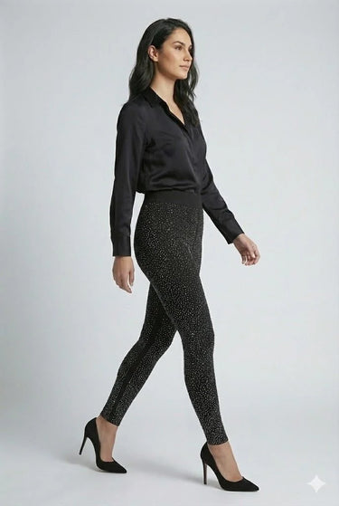 Rhinestone Pavé Leggings - Black/Clr close up of stylish fabric and construction detail