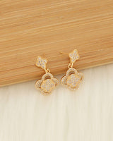 Gold quatrefoil drop earrings with pavé rhinestone detailing