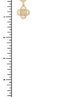 Gold drop earrings featuring open quatrefoil charm and rhinestones