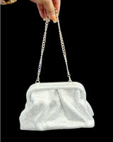 Rhinestone Rain Clutch Silver – View of interior and secure metal clasp