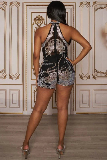 Rhinestone Romper Choker Neck in Black with Sheer Mesh - summer romper for women