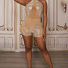 Rhinestone Romper Choker Neck in Nude with Sheer Mesh for women - romper by Palazzo Couture