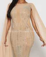 Rhinestone Wide Cape Sleeve Cape Evening Gown (Nude) showing sophisticated construction details