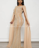 Rhinestone Wide Cape Sleeve Cape Evening Gown (Nude) close up detail of cape design and fabric