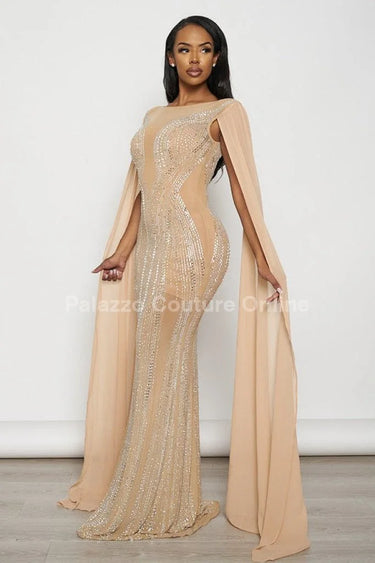 Rhinestone Wide Cape Sleeve Cape Evening Gown (Nude) close up detail of cape design and fabric