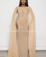 Rhinestone Wide Cape Sleeve Cape Evening Gown (Nude) front view showing full-length maxi silhouette