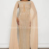Rhinestone Wide Cape Sleeve Cape Evening Gown (Nude) front view showing full-length maxi silhouette
