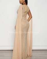 Rhinestone Wide Cape Sleeve Cape Evening Gown (Nude) side view highlighting floor-length hemline