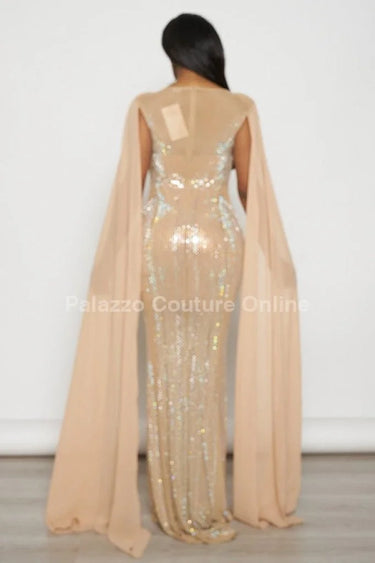Elegant Nude cape maxi dress on model styled for evening event