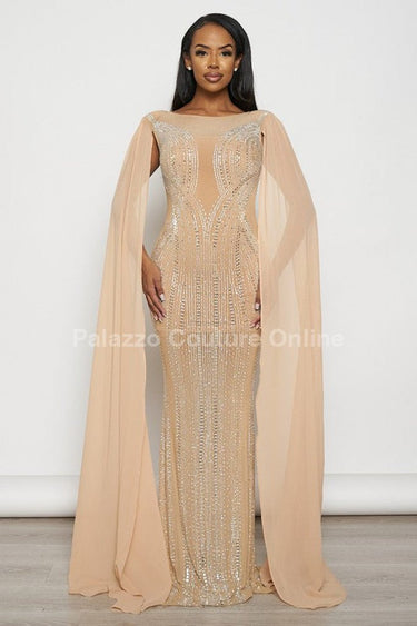 Rhinestone Wide Cape Sleeve Maxi Dress (Nude) - Palazzo Couture Online