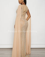 Rhinestone Wide Cape Sleeve Maxi Dress (Nude) - Palazzo Couture Online