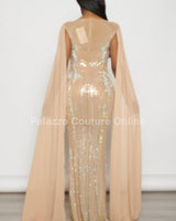 Rhinestone Wide Cape Sleeve Maxi Dress (Nude) - Palazzo Couture Online
