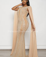 Rhinestone Wide Cape Sleeve Maxi Dress (Nude) - Palazzo Couture Online
