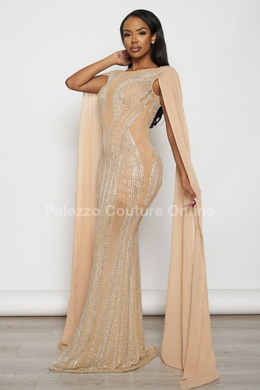 Rhinestone Wide Cape Sleeve Maxi Dress (Nude) - Palazzo Couture Online