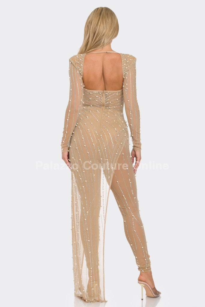 Rhinestone/Pearl Studdedjumpsuit Overlay Dress (Nude) Jumpsuit