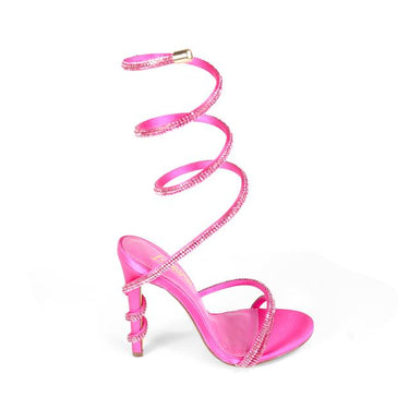 Rhinestone wrap heel in hot pink – spiral wrap‑around strap with rhinestone embellishments