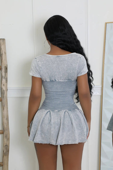 Ribbed Fitted Flare Mini Dress (Cement) - Palazzo Couture Online