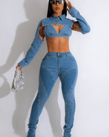 Righteous Babe Denim Pant Set with Stretch Fit front view showing complete two piece pant set