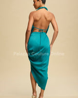Riviera Glow Beaded Drape Halter Midi Dress – Teal - Palazzo Couture Online